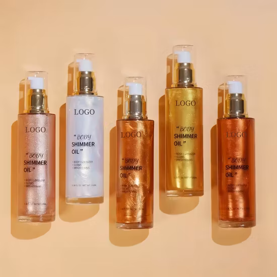 Huiles de bronzage doré parfume l'huile pour le corps cosmétique scintillante et scintillante